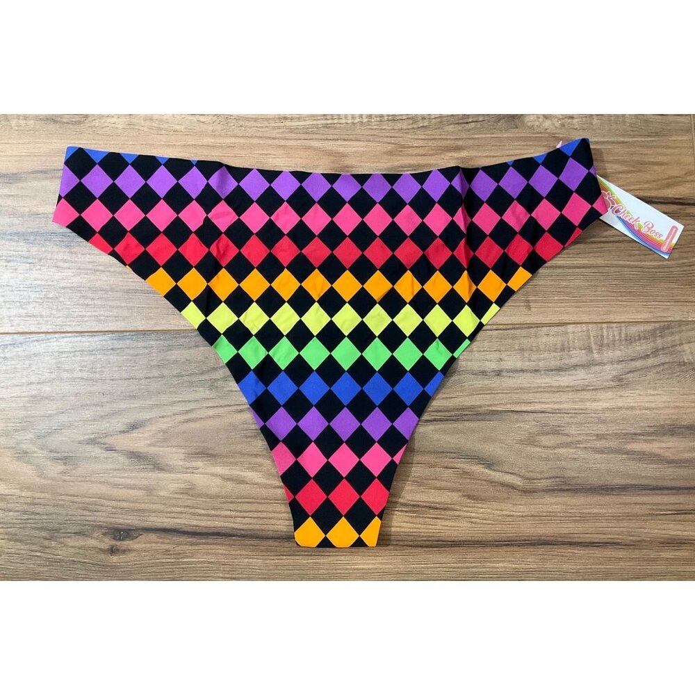NWT Cheek Boss Multi Colored  Checkered Thong  Size:  2XL